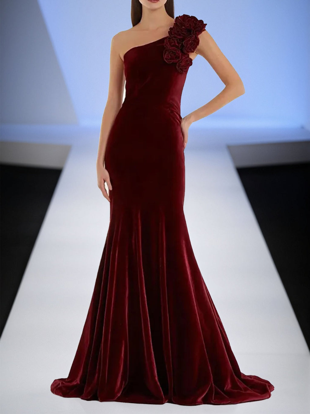 Abend formelles Kleid Burgunder einseitig Samt Maxikleid mit 3D Blumen
