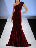 Abend formelles Kleid Burgunder einseitig Samt Maxikleid mit 3D Blumen