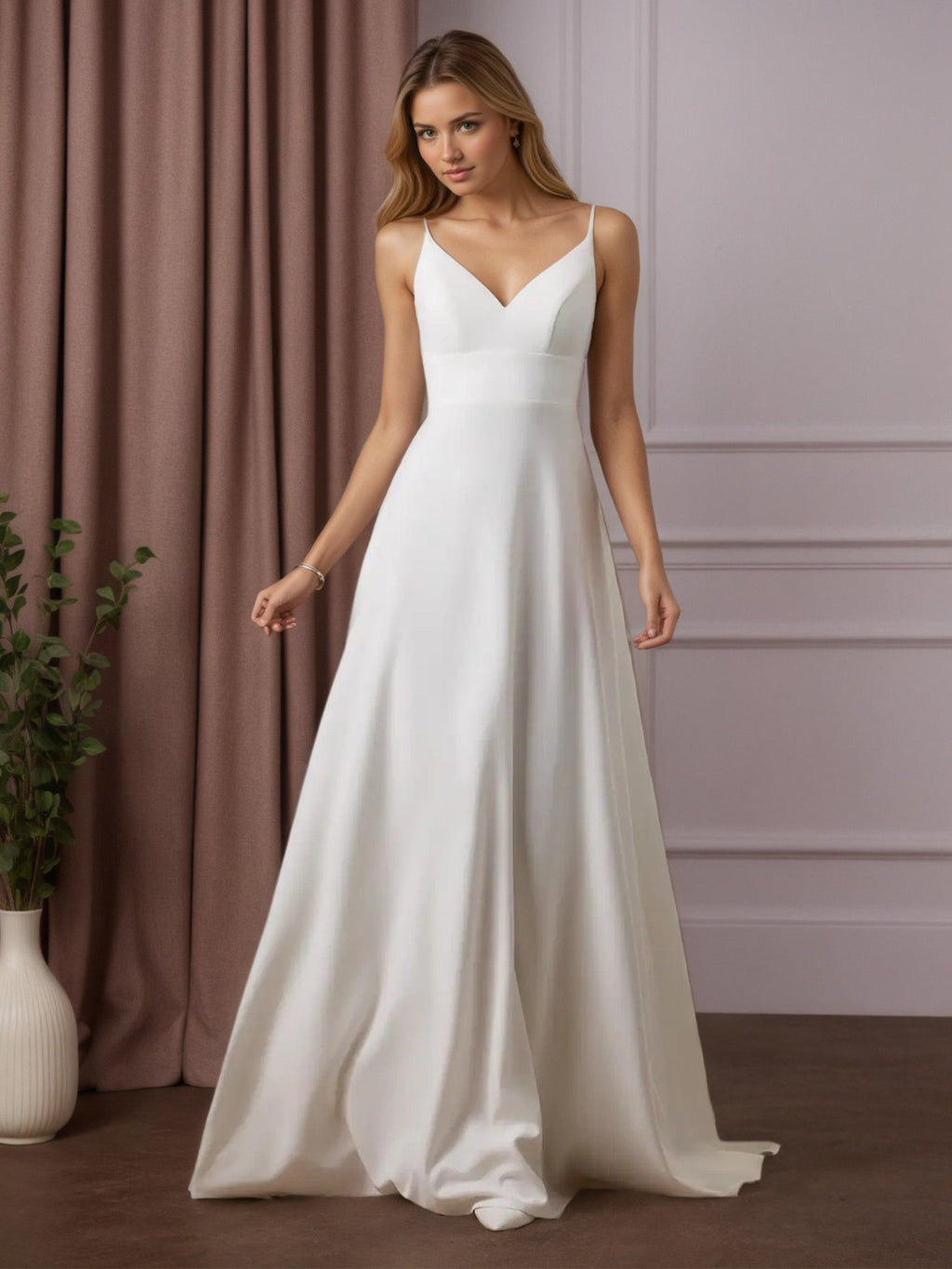 Robe de mariée blanche en crêpe stretch à sequins, coupe trapèze, col en V