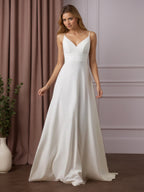 Robe de mariée blanche en crêpe stretch à sequins, coupe trapèze, col en V