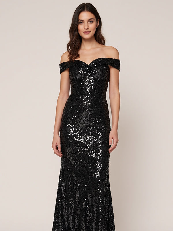 Robes longues formelles noires à sequins, ligne A, épaules dénudées