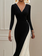 Elegant Formal Evening Work Black&White Dress V Neck Long Sleeves Dress