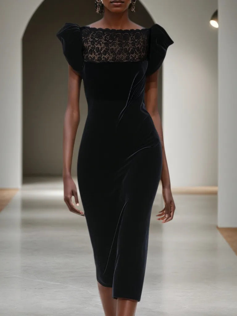 Vestido midi tubo negro de encaje y terciopelo con cuello barco y mangas cortas con volantes