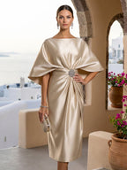 Half Sleeves Mermaid Satin Tea Length Long Evening Dresses with 3D Flower