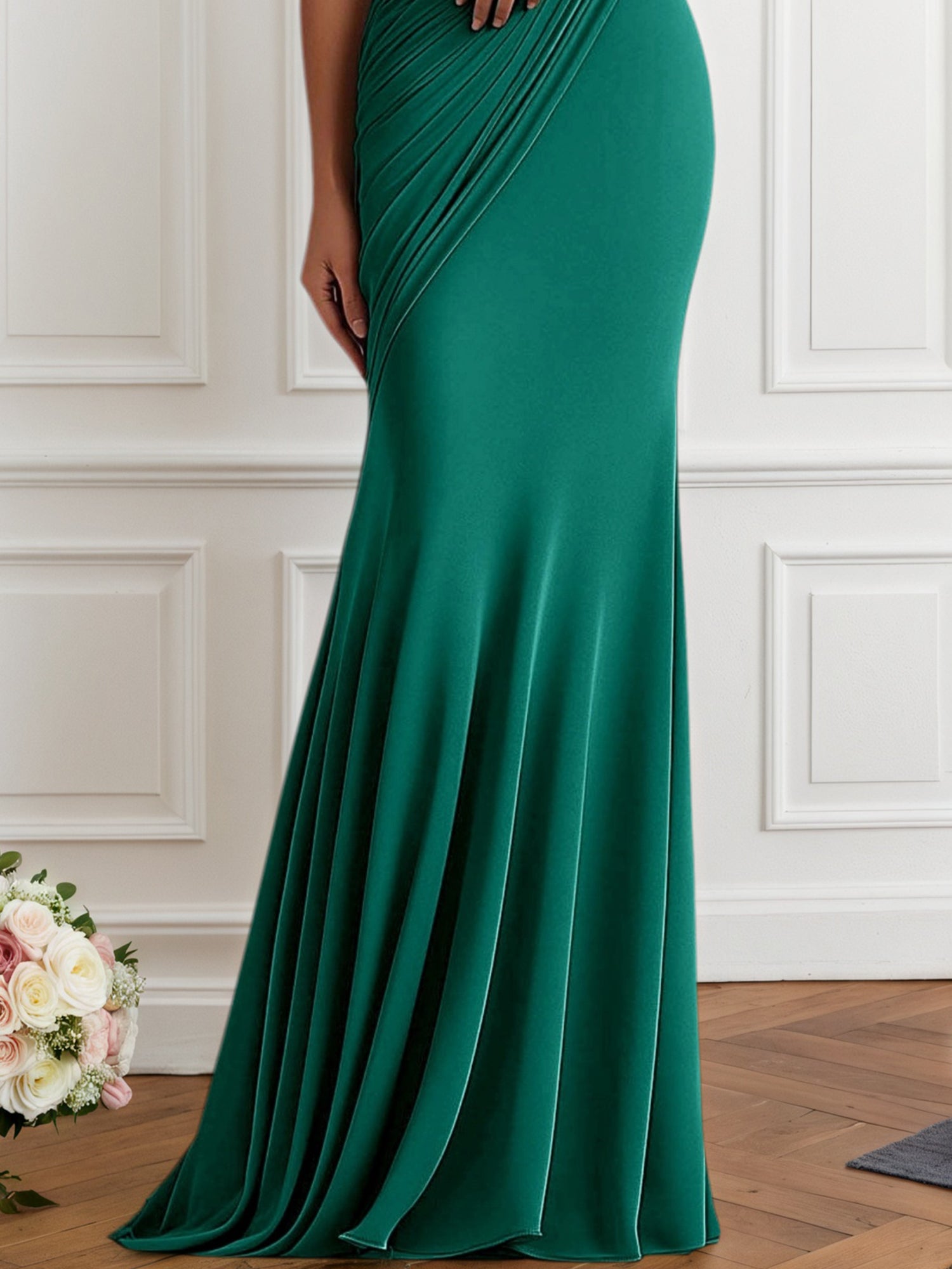 Formal Evening Dress Green V-Neck Pleated Mermaid Maxi Gown