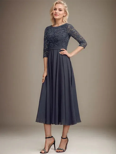 A-Linien Spitzen-Chiffon-Brautmutterkleid mit V-Ausschnitt, tea-length, mit Pailletten