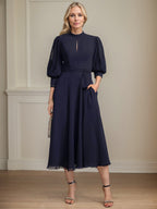 A-Linien Kleid mit hohem Kragen, tea-länge, Spitze und Chiffon, Brautmutterkleid mit Schleife