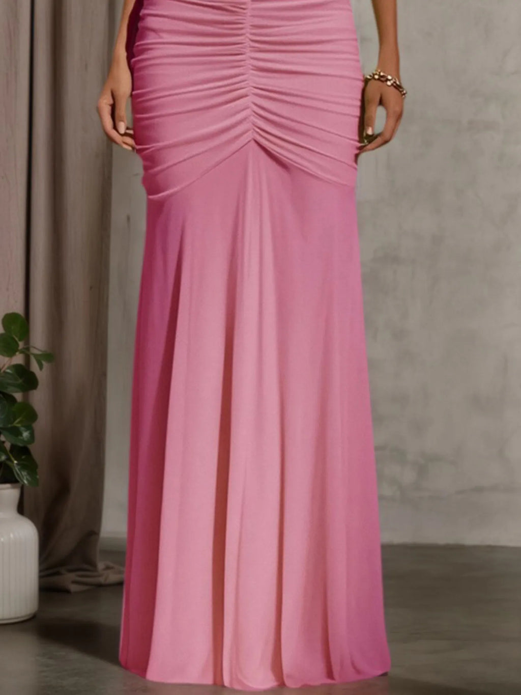 Evening Formal Dress Pink One Shoulder Ruched Maxi Dress