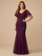 Trumpet-/Meerjungfrau-Kleid mit V-Ausschnitt, bodenlang, Brautmutterkleid mit fallenden Rüschen