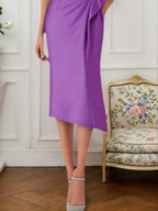 Vestido de invitada de boda de otoño morado midi de un solo hombro con bolsillos