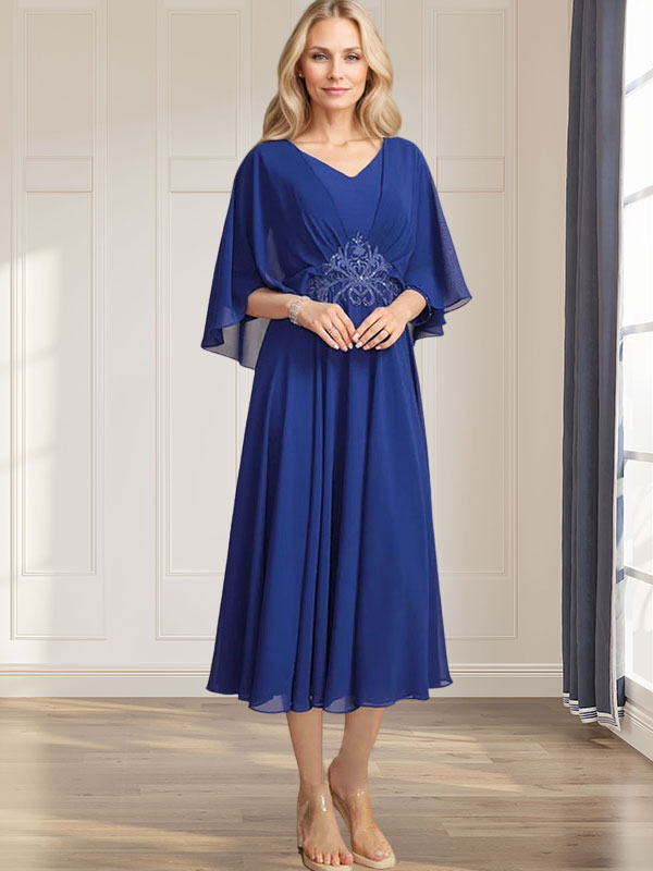 Robe de mère de la mariée en mousseline, longueur thé, col en V, en ligne A, avec appliques plissées, sequins, dentelle et perles