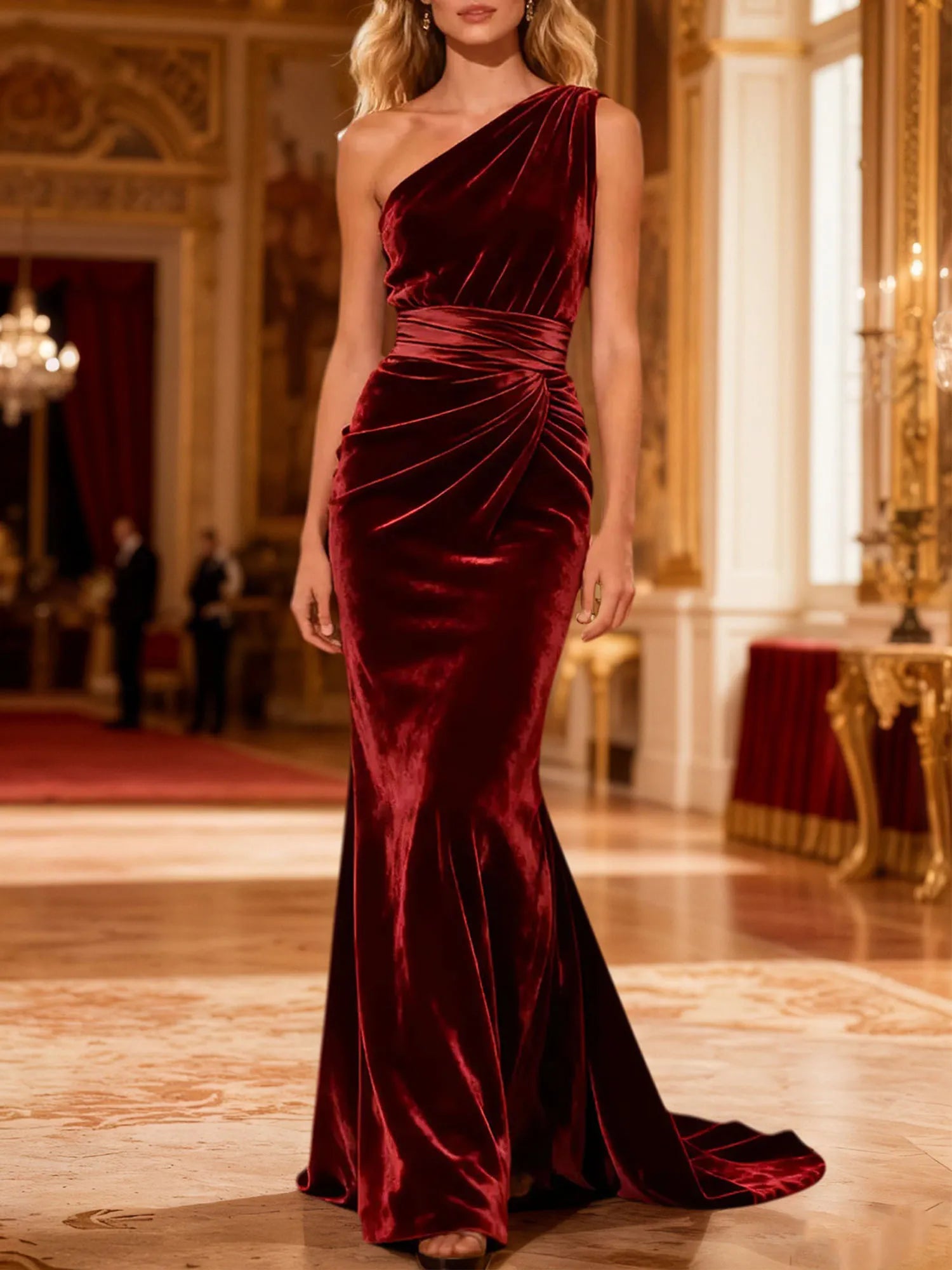 Bordeauxrotes gerafftes Samt-Meerjungfrauen-Kleid für festliche Anlässe, lang