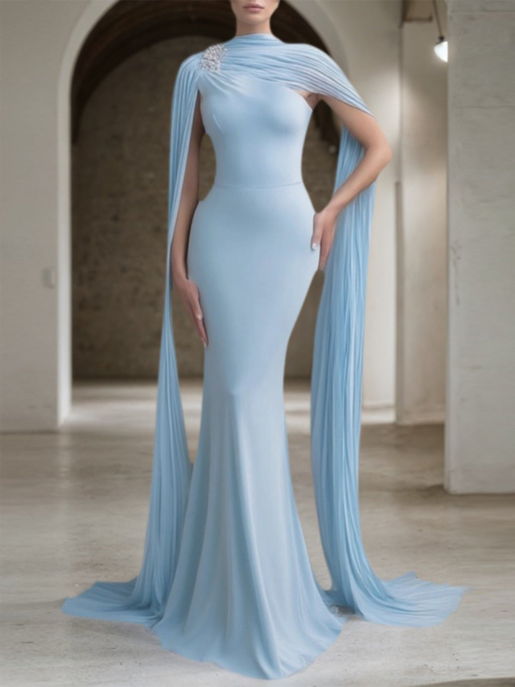 Formal Evening Dress Blue Cape Maxi Mermaid Dress