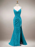 Robe de bal longue sirène verte à bretelles spaghetti scintillantes avec fente