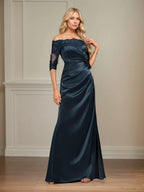 Sheath/Column Off the Shoulder Floor-Length Lace Stretch Satin Evening Dress With Pleated