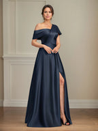 A Line Asymmetrical Floor-Length Satin Mother of the Bride Dress With Pleated