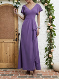 Lila gerafftes V-Ausschnitt Kleid mit Rüschenärmeln, A-Linie, Maxi Chiffon Brautjungfernkleid