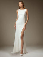 White Champagne Mermaid Side Slit Tulle Wedding Dress