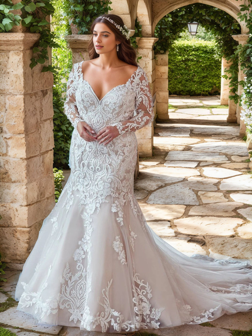 Mermaid Plus Size Wedding Gown 2026 Long Sleeves Applique Bridal Dresses