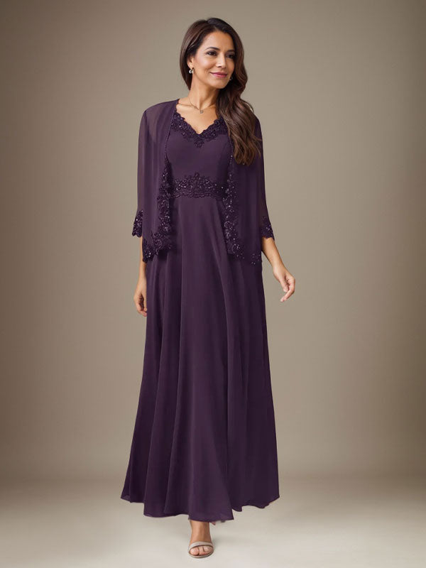 Pflaume A-Linie Pailletten Chiffon Kleid