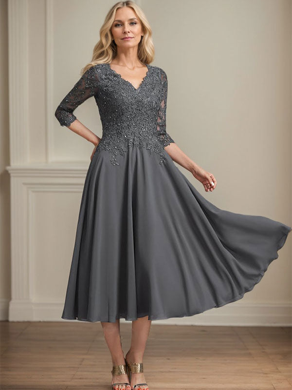 Robe de mère de la mariée en mousseline longueur thé, ligne A, col en V, en dentelle avec perles et sequins