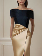 Prom Dress Satin Black&Champagne Off The Shoulder High Slit Dress