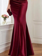Vestido formal de terciopelo burdeos con escote en V, largo maxi para madre de la novia