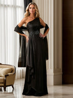 Black One-Shoulder Chiffon Ruffled Beaded Maxi Evening Dress