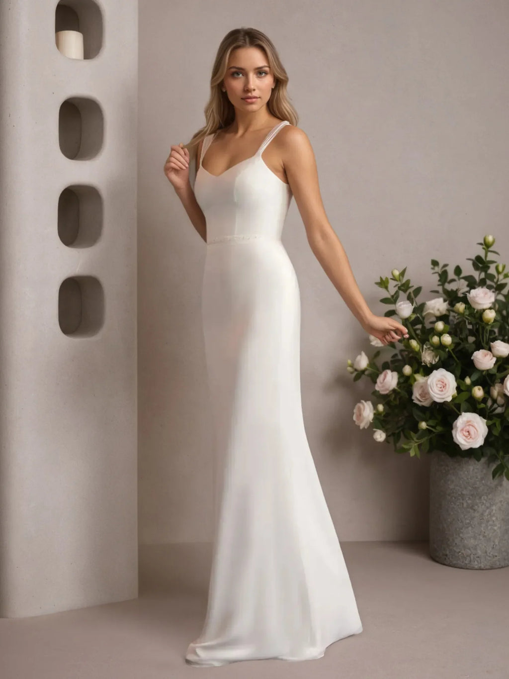 Vestido de novia de gasa blanco, corte recto y escote en V