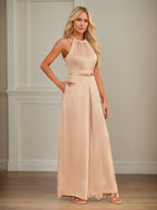 Jumpsuits Neckholder bodenlanges Satin Hochzeitskleid