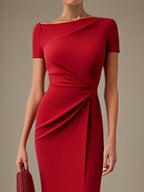 Robe de travail rouge à col rond, longueur cheville