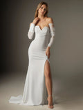 Vestido de noiva branco trompete/sereia com decote em V e crepe stretch