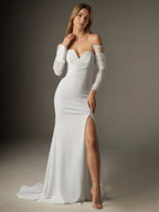 Vestido de noiva branco trompete/sereia com decote em V e crepe stretch