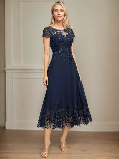 Robe mère de la mariée ligne A illusion à col rond longueur thé en dentelle mousseline avec paillettes