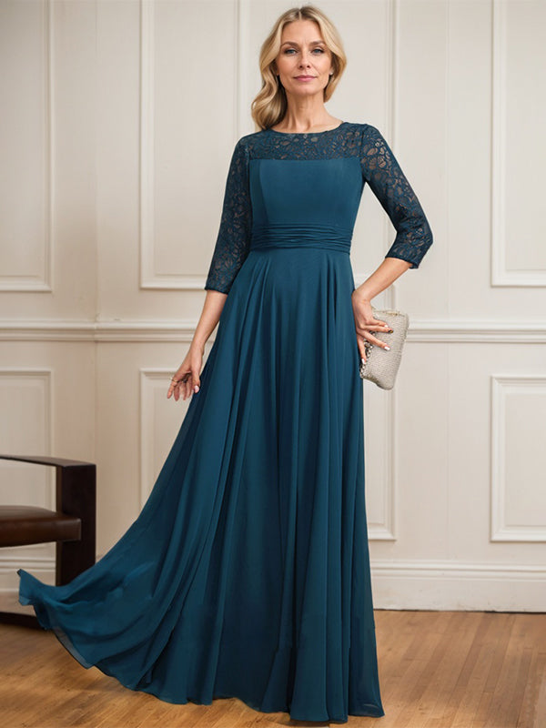 Vestido para madre de la novia línea A con escote redondo ilusión, largo hasta el suelo, encaje y chiffon plisado