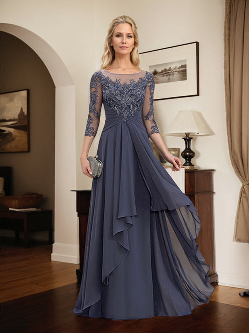 Robe mère de la mariée en ligne A avec col rond illusion, dentelle et chiffon longueur sol avec volants en cascade