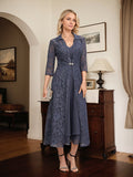 Abito da madre della sposa in chiffon a linea A, scollo a V, lunghezza tea