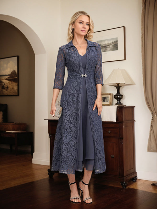Robe mère de la mariée en mousseline longueur thé à encolure en V et coupe trapèze