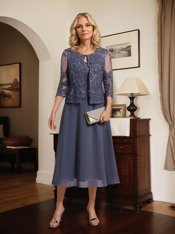 Vestido de mãe da noiva evasê, comprimento tea-length, em renda e chiffon com decote redondo e lantejoulas