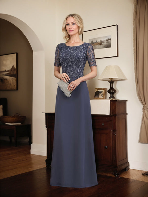 A-Linien Spitzen-Chiffon-Mutter-der-Braut-Kleid mit Rundhalsausschnitt, bodenlang und Pailletten