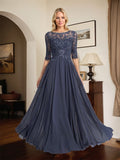 A-Linien Ausschnitt Illusions-Bodenlanges Chiffon-Spitzenkleid für die Mutter der Braut mit plissierten Pailletten