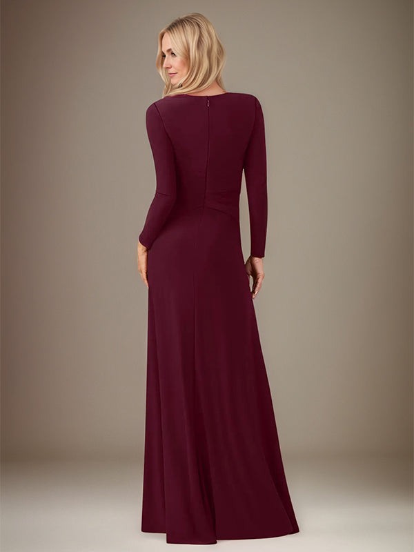 A Line Cabernet Stretch Crepe Scoop Neck Long Sleeves Floor Length Dress