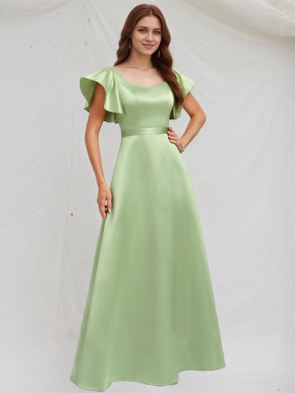 A Line Sage Satin Asymmetrical Neck Floor Length Dress With Ruffle Sleeves