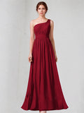 Burgundy A-Line One-Shoulder Floor-length Chiffon Bridesmaid Dress