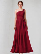Burgundy A-Line One-Shoulder Floor-length Chiffon Bridesmaid Dress
