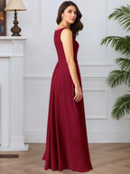 Abito da madre della sposa in chiffon con pizzo, linea A e scollo quadrato
