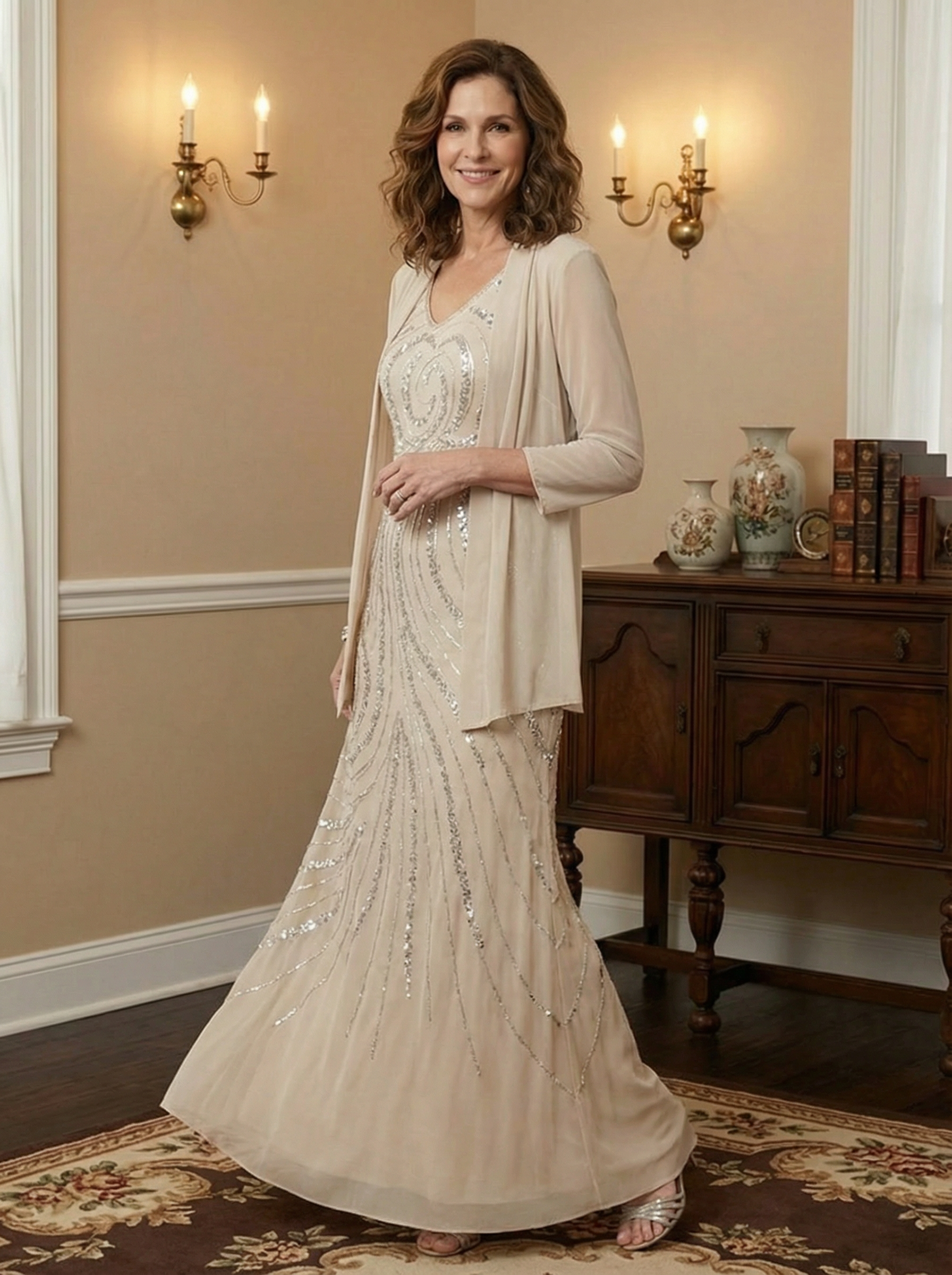 Robes de mère de la mariée en coupe droite/colonne, col en V, longueur cheville, avec veste et sequins
