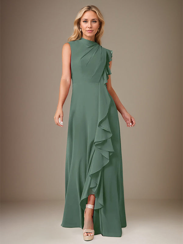 Eukalyptus A-Linien Chiffon Kleid mit hohem Kragen, ärmellos, bodenlang mit kaskadierenden Rüschen