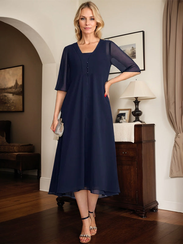 A-Linien quadratisches Tee-Länge Chiffon Mutter-der-Braut-Kleid