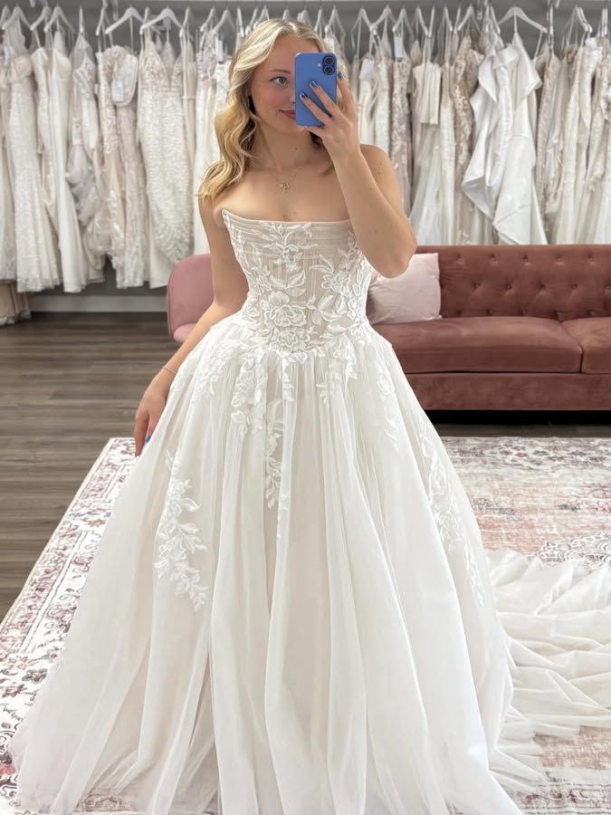 A-Line Strapless Corset Lace Tulle Ballgown Wedding Dress With Long Train